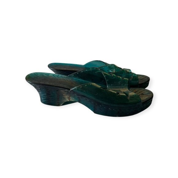 Vintage 60s Jelly Slide Sandals – Size 7, Green Plastic Wedge Heels made in USA - Picture 4 of 15